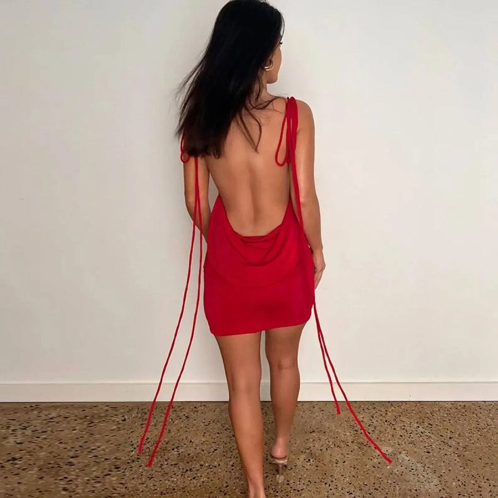 Cowl Neck Spaghetti Strap Backless Maxi Dress | Trailing Tie Back