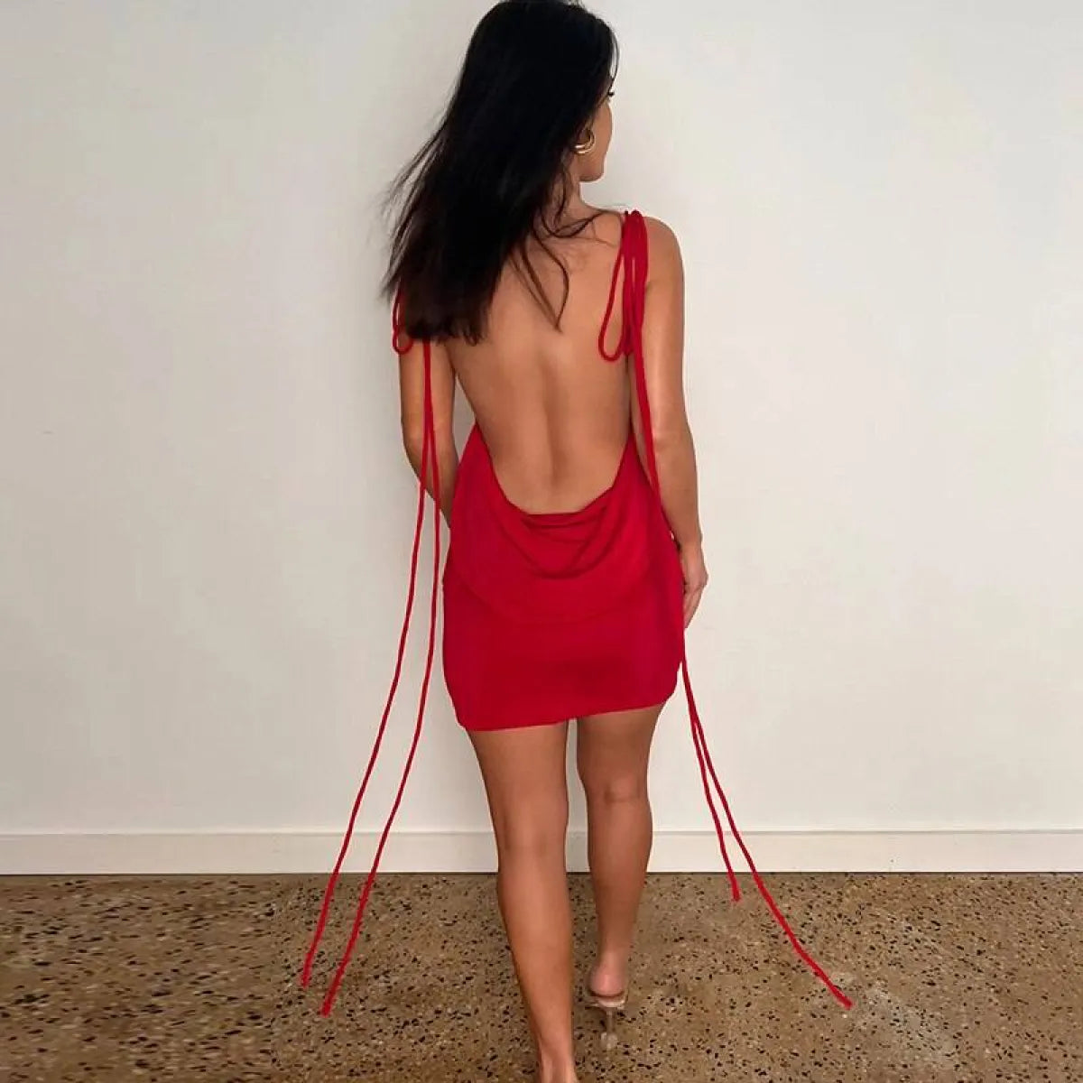 Cowl Neck Spaghetti Strap Backless Maxi Dress | Trailing Tie Back