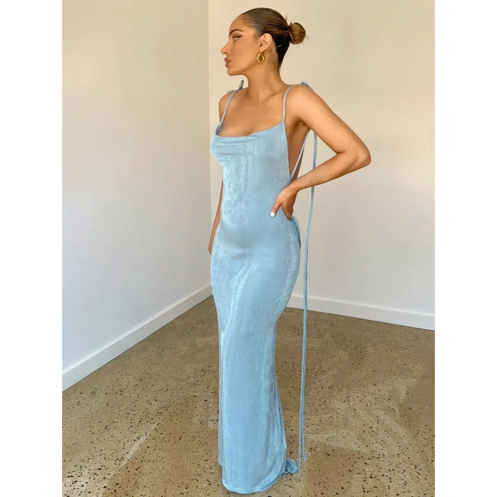 Cowl Neck Spaghetti Strap Backless Maxi Dress | Trailing Tie Back