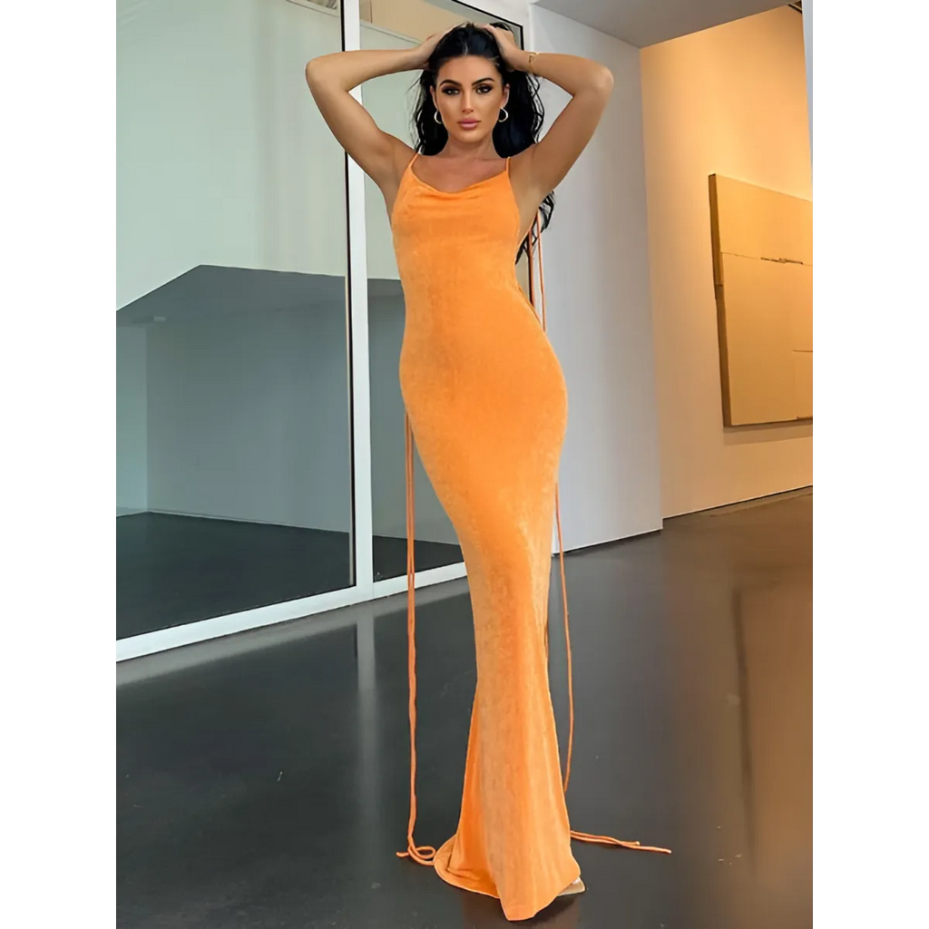 Cowl Neck Spaghetti Strap Backless Maxi Dress | Trailing Tie Back