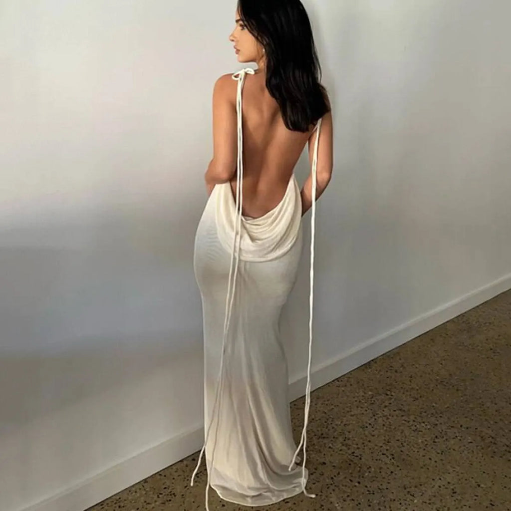 Cowl Neck Spaghetti Strap Backless Maxi Dress | Trailing Tie Back