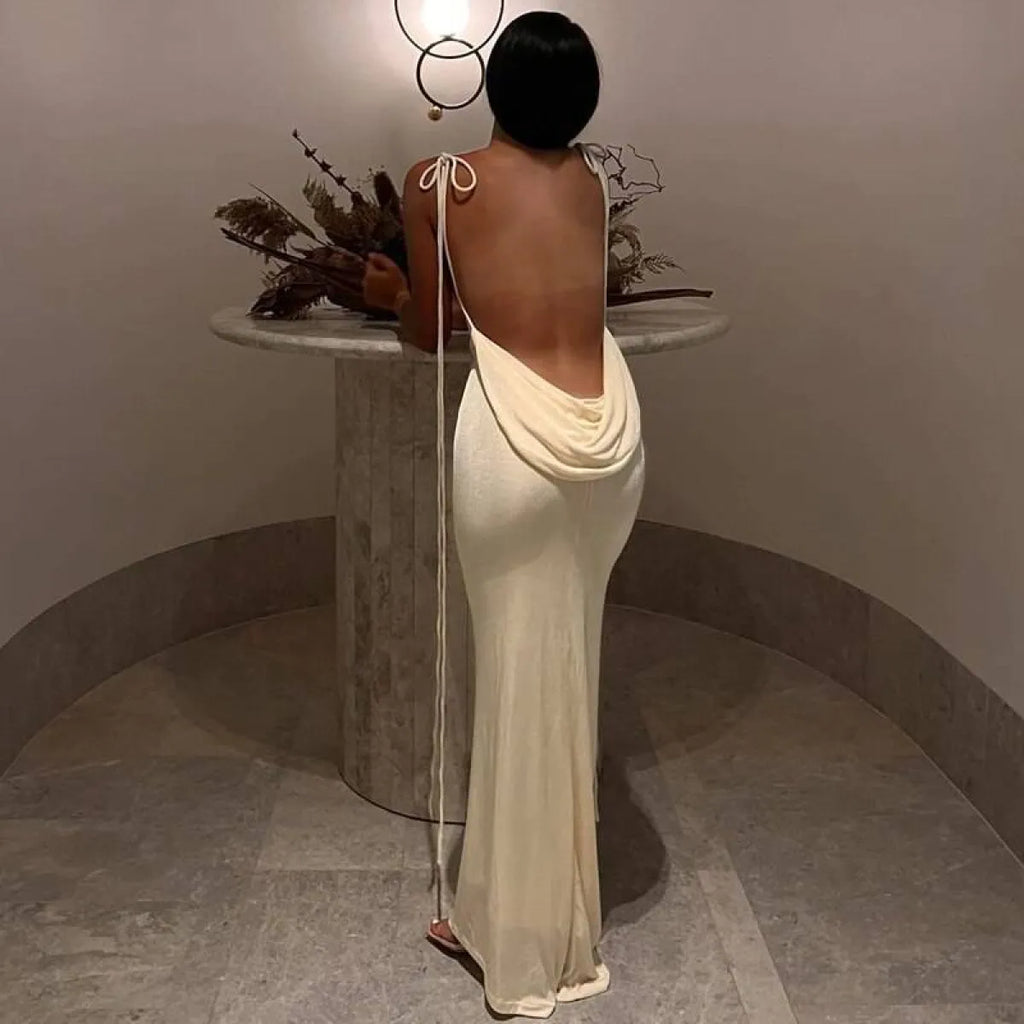 Cowl Neck Spaghetti Strap Backless Maxi Dress | Trailing Tie Back