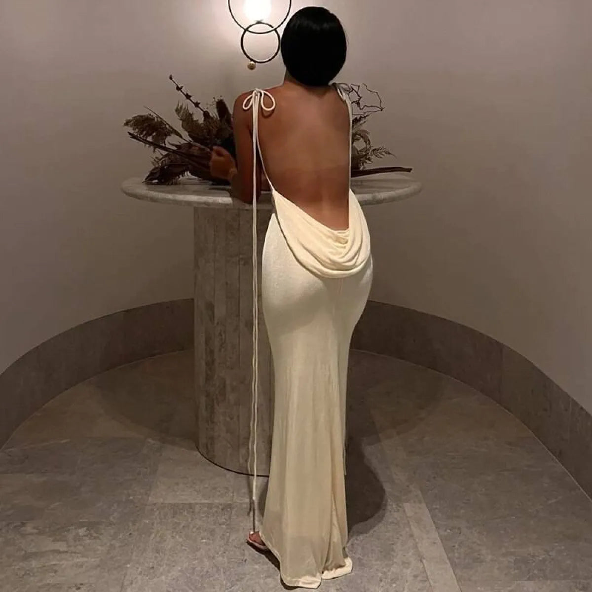 Cowl Neck Spaghetti Strap Backless Maxi Dress | Trailing Tie Back