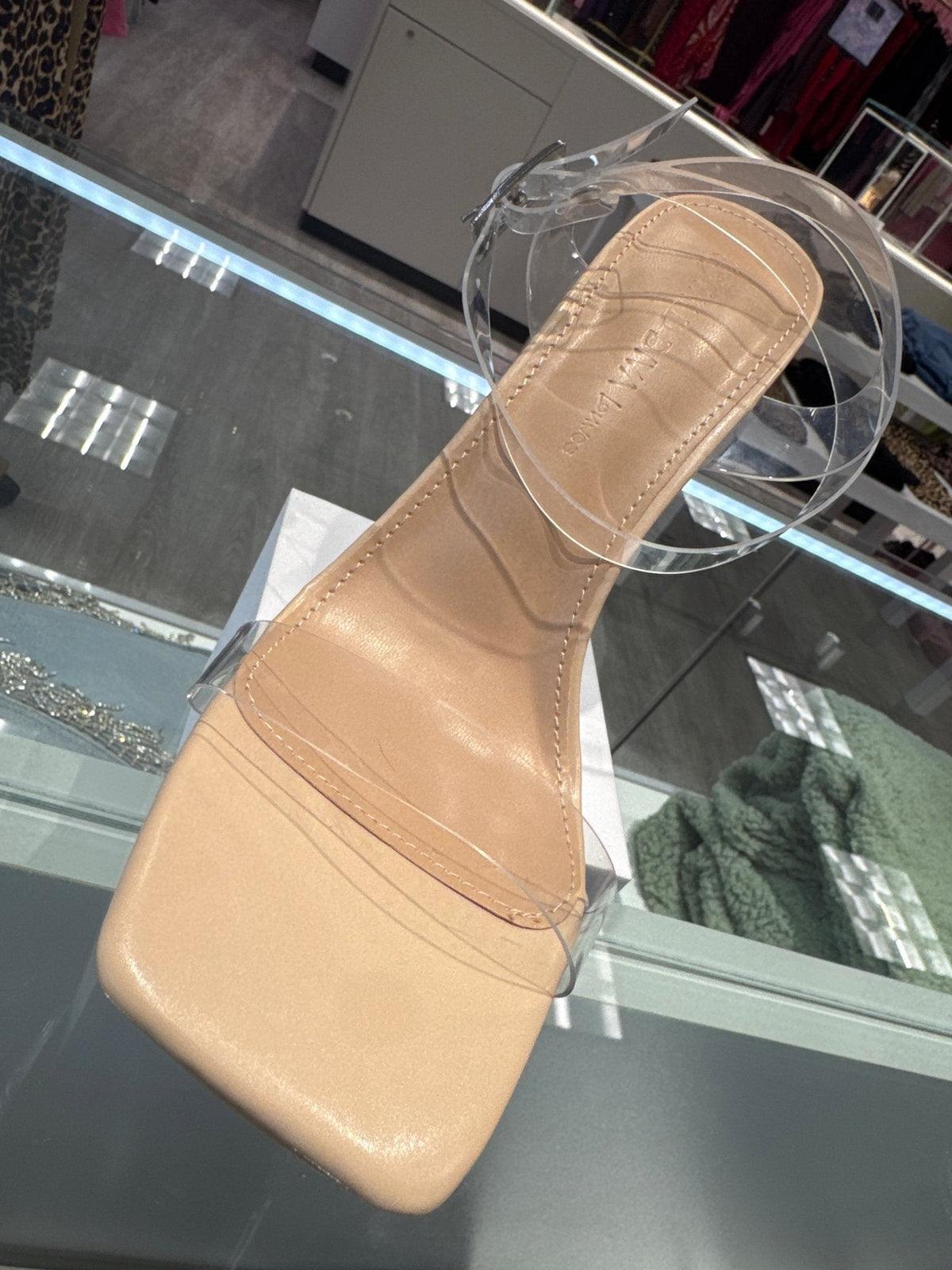 Nude Square Toe Clear PVC Strap Ankle Buckle Lucite Block Heel Sandal