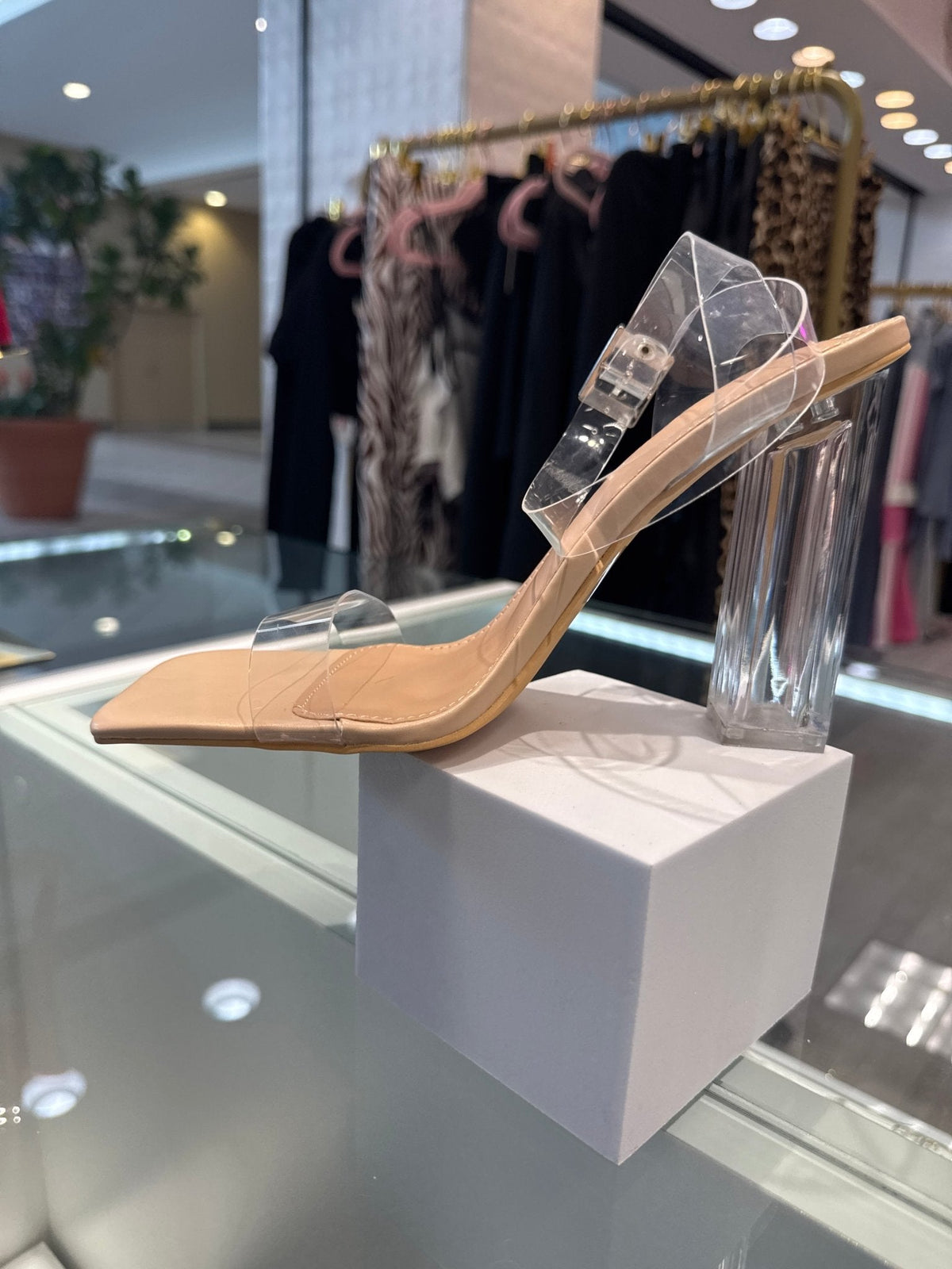 Nude Square Toe Clear PVC Strap Ankle Buckle Lucite Block Heel Sandal