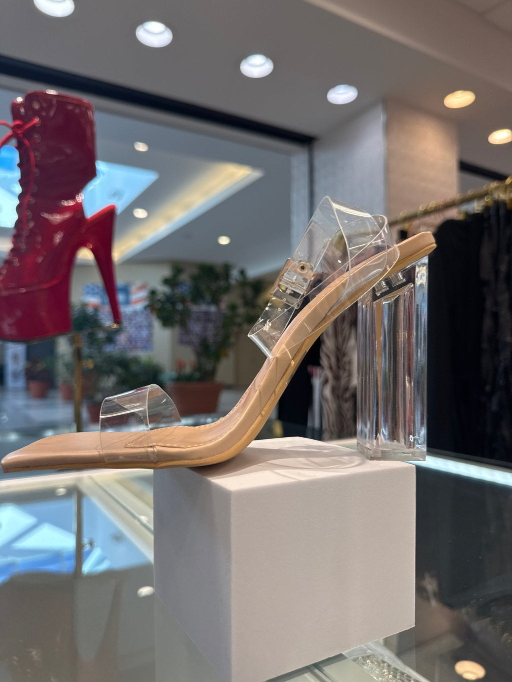 Nude Square Toe Clear PVC Strap Ankle Buckle Lucite Block Heel Sandal