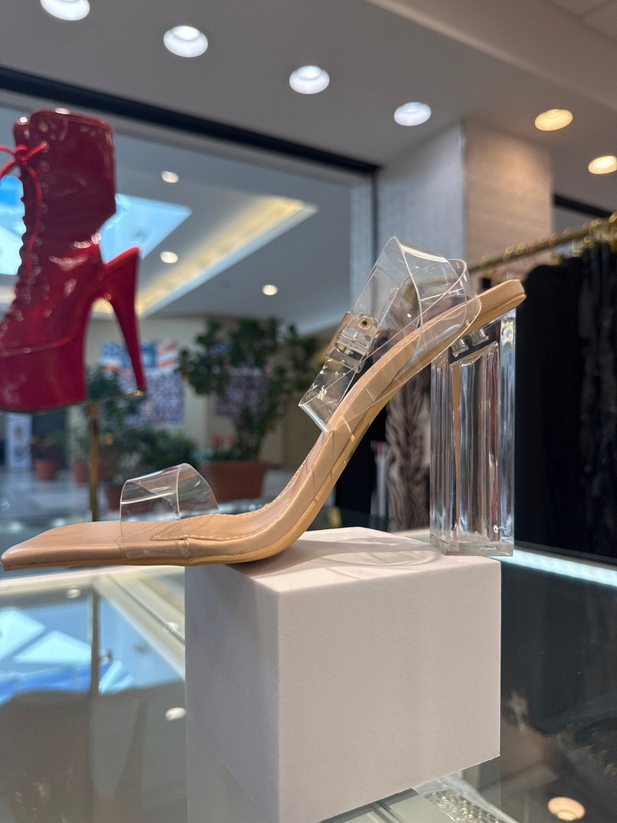 Nude Square Toe Clear PVC Strap Ankle Buckle Lucite Block Heel Sandal