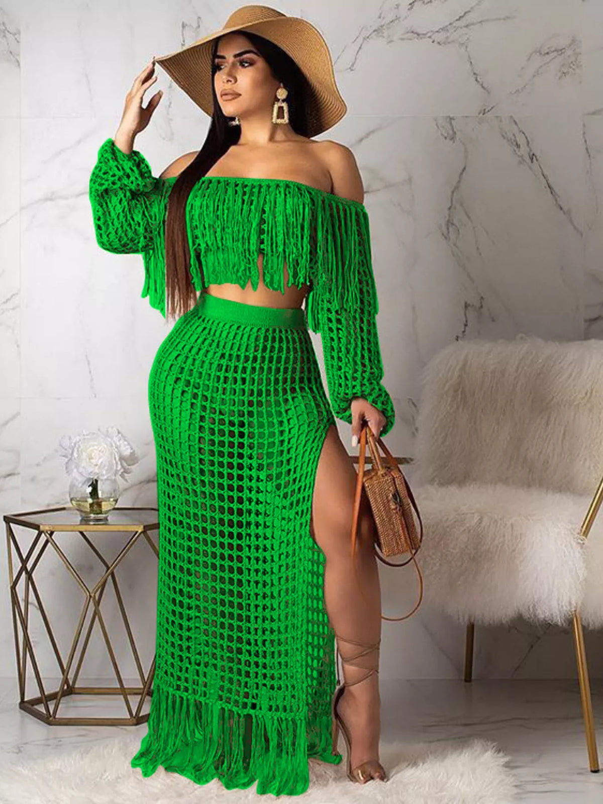 The Coastal Fringe Crochet Skirt Set