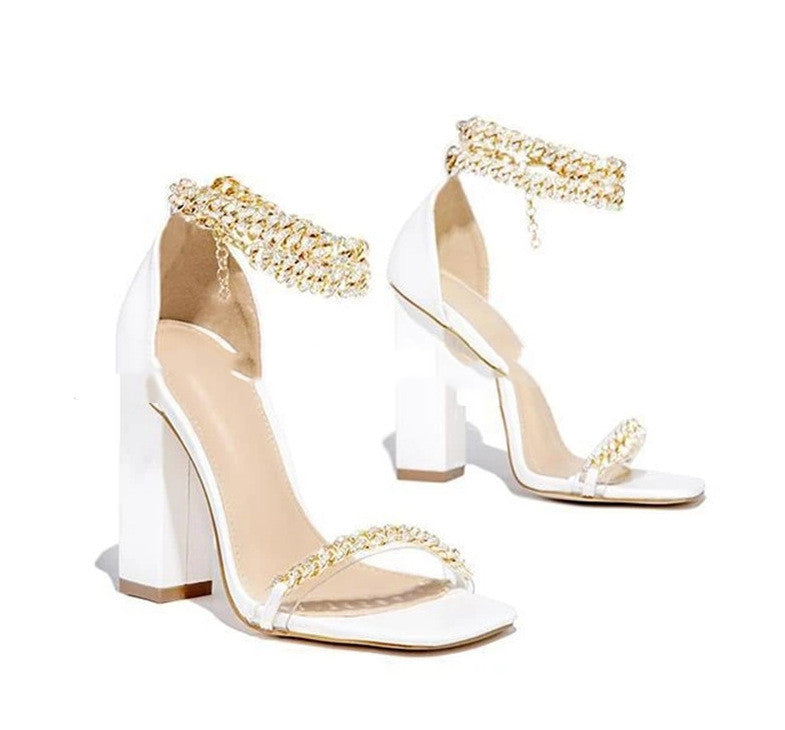 Gold Chain Strap Open-Toe Block Heel Sandal