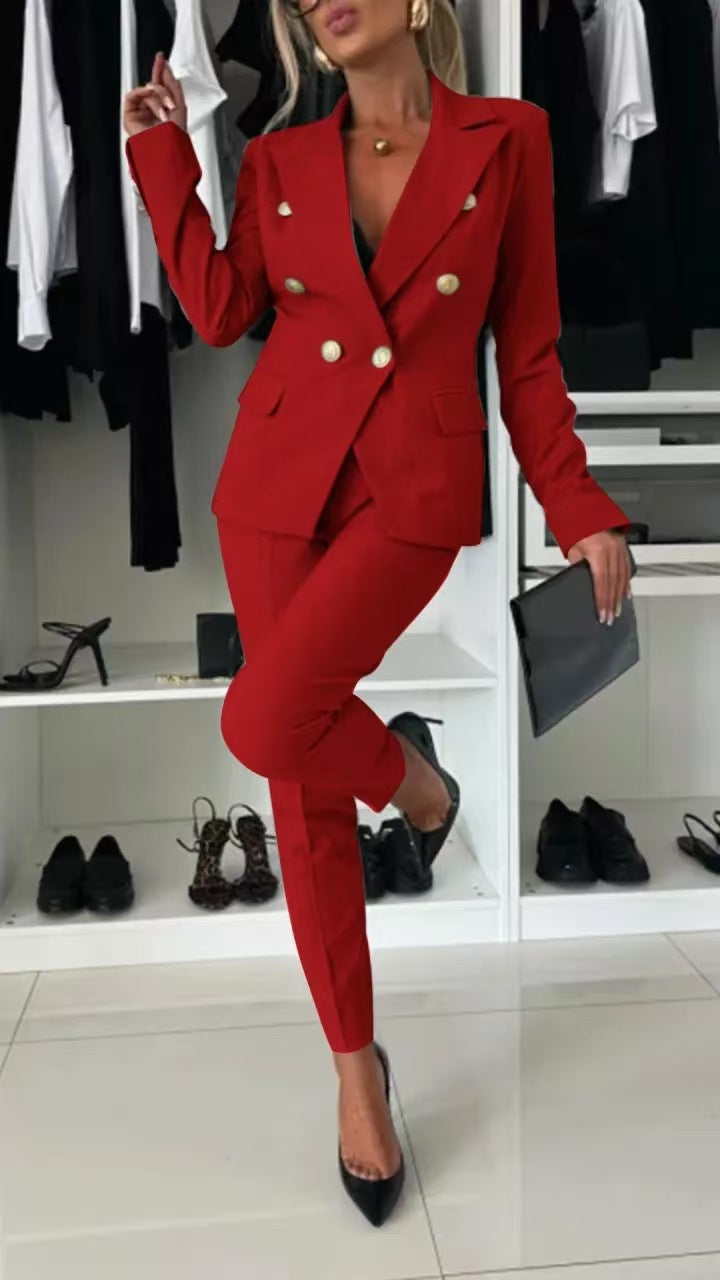 Double-Breasted Lapel Blazer & Zip-Up Trousers Suit | Women's Two-Piece Commute Set
