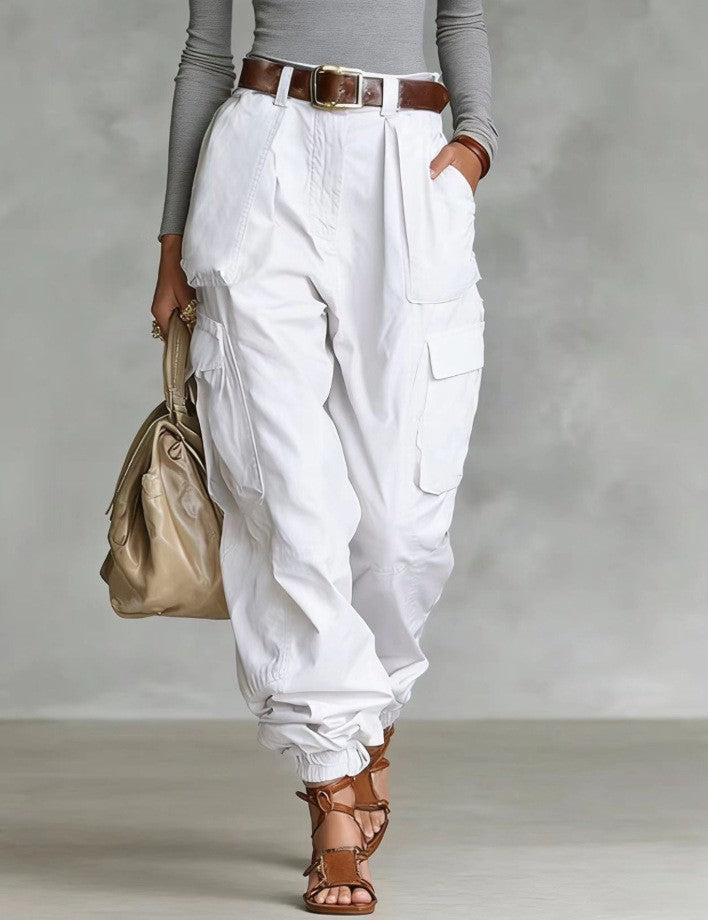 High-Waist Cargo Jogger Pants | Balloon Fit Side Pockets Gathered Ankle