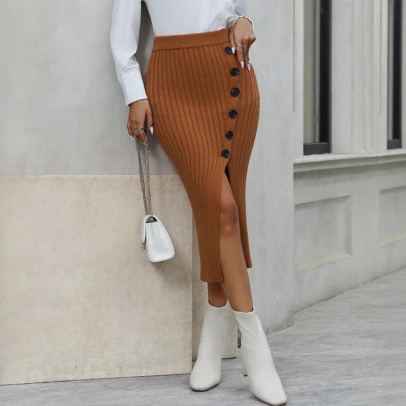 The Camel Poise Button-Detail Knit Midi Skirt
