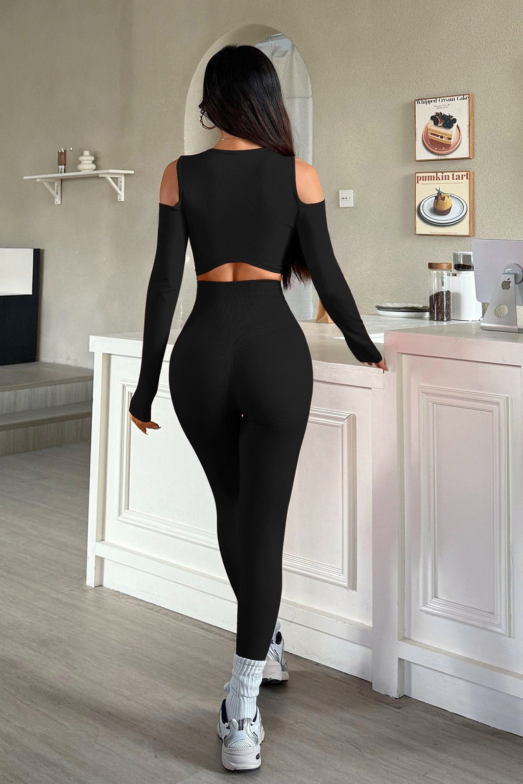 Cold-Shoulder Cutout Long Sleeve Cropped Top & High-Waist Seamless Sculpting Legging Set