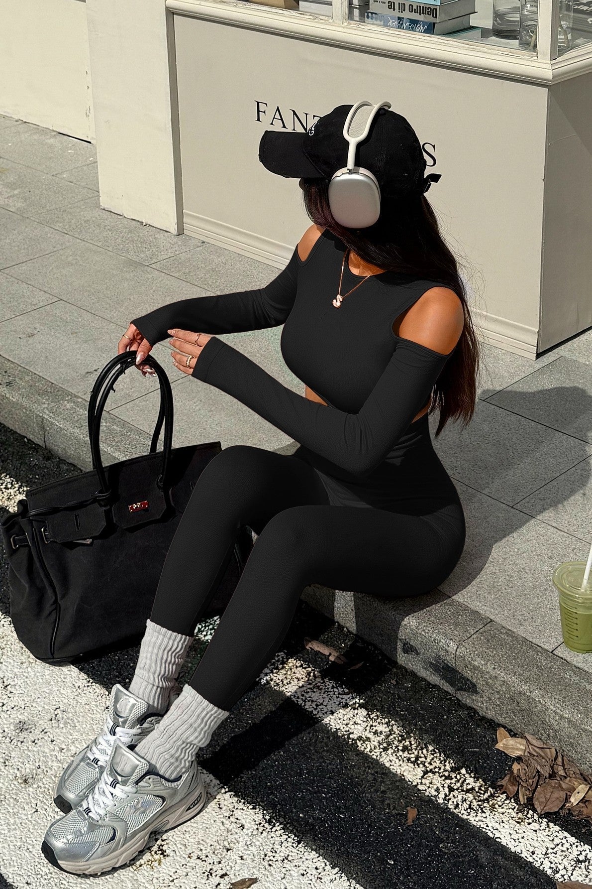 Cold-Shoulder Cutout Long Sleeve Cropped Top & High-Waist Seamless Sculpting Legging Set