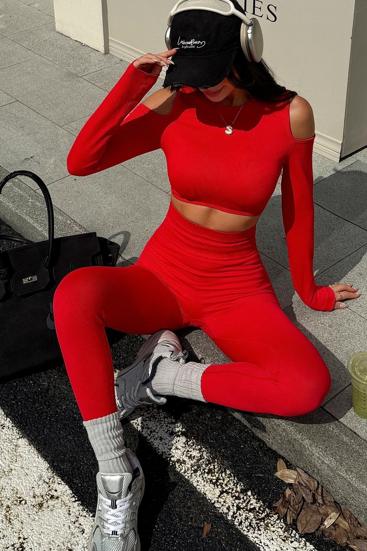 Cold-Shoulder Cutout Long Sleeve Cropped Top & High-Waist Seamless Sculpting Legging Set