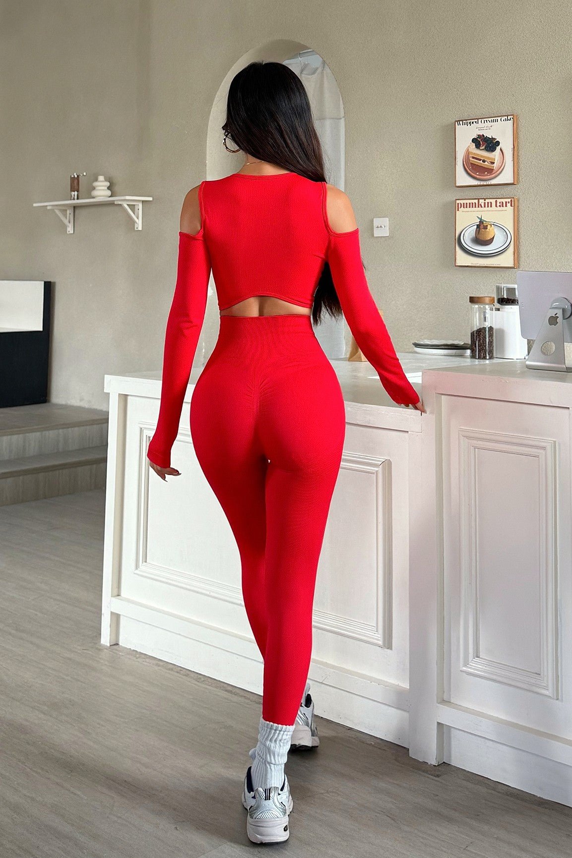 Cold-Shoulder Cutout Long Sleeve Cropped Top & High-Waist Seamless Sculpting Legging Set