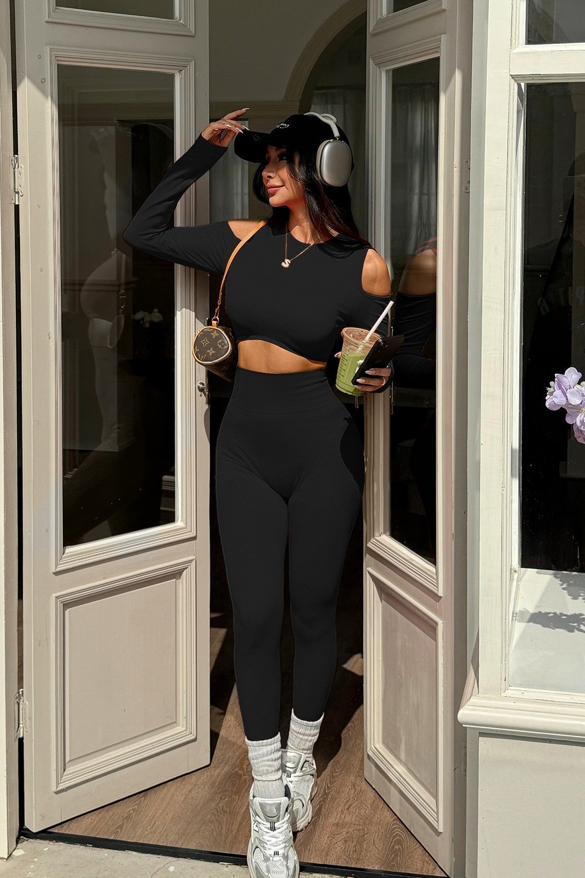 Cold-Shoulder Cutout Long Sleeve Cropped Top & High-Waist Seamless Sculpting Legging Set