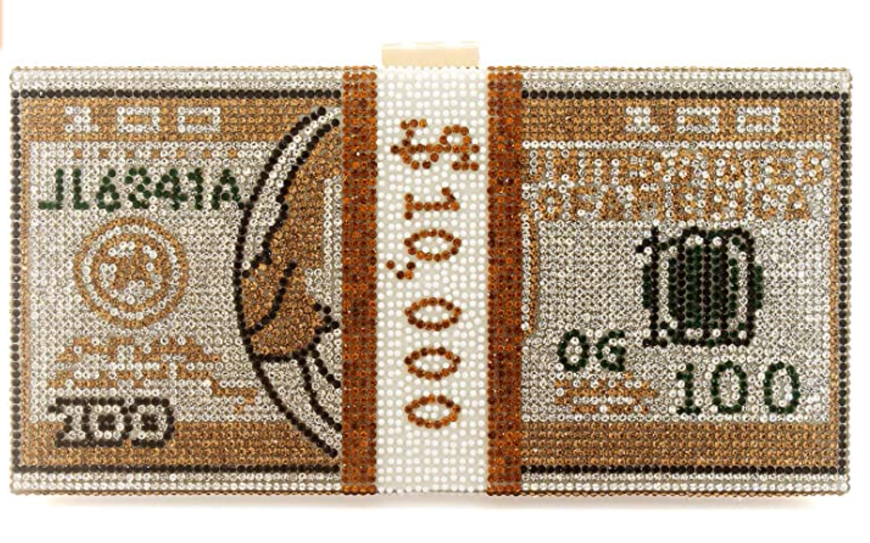 Rhinestone $100 Bill Stack Clutch Bag – Gold