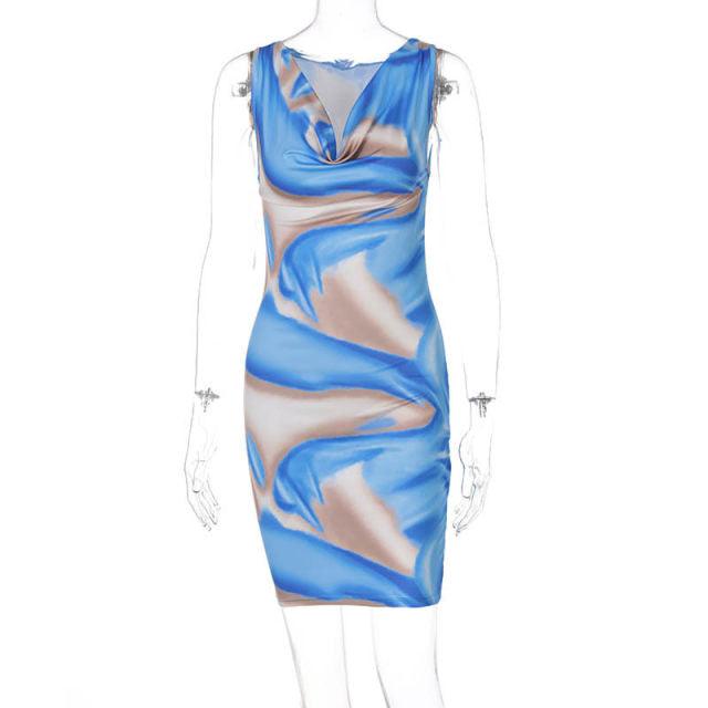 Abstract Print  Bodycon Dress - Blue