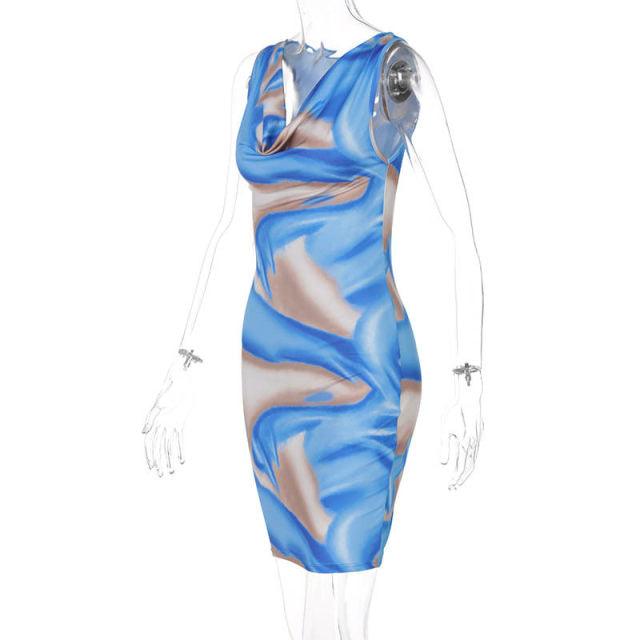 Abstract Print  Bodycon Dress - Blue