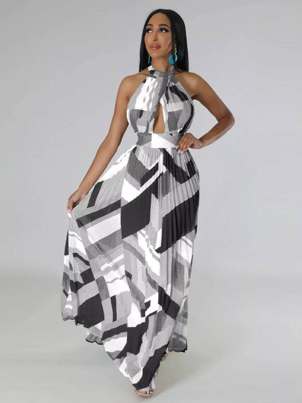 The Halter Geometric Pleated Maxi Dress
