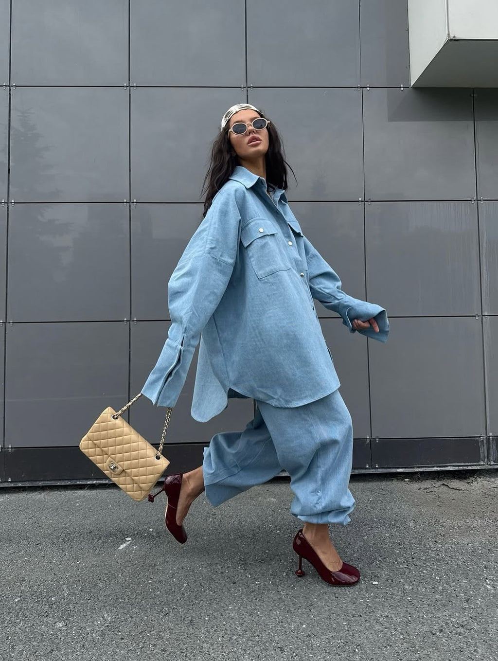 Oversized Denim Shirt Jacket & Wide-Leg Baggy Pants Set