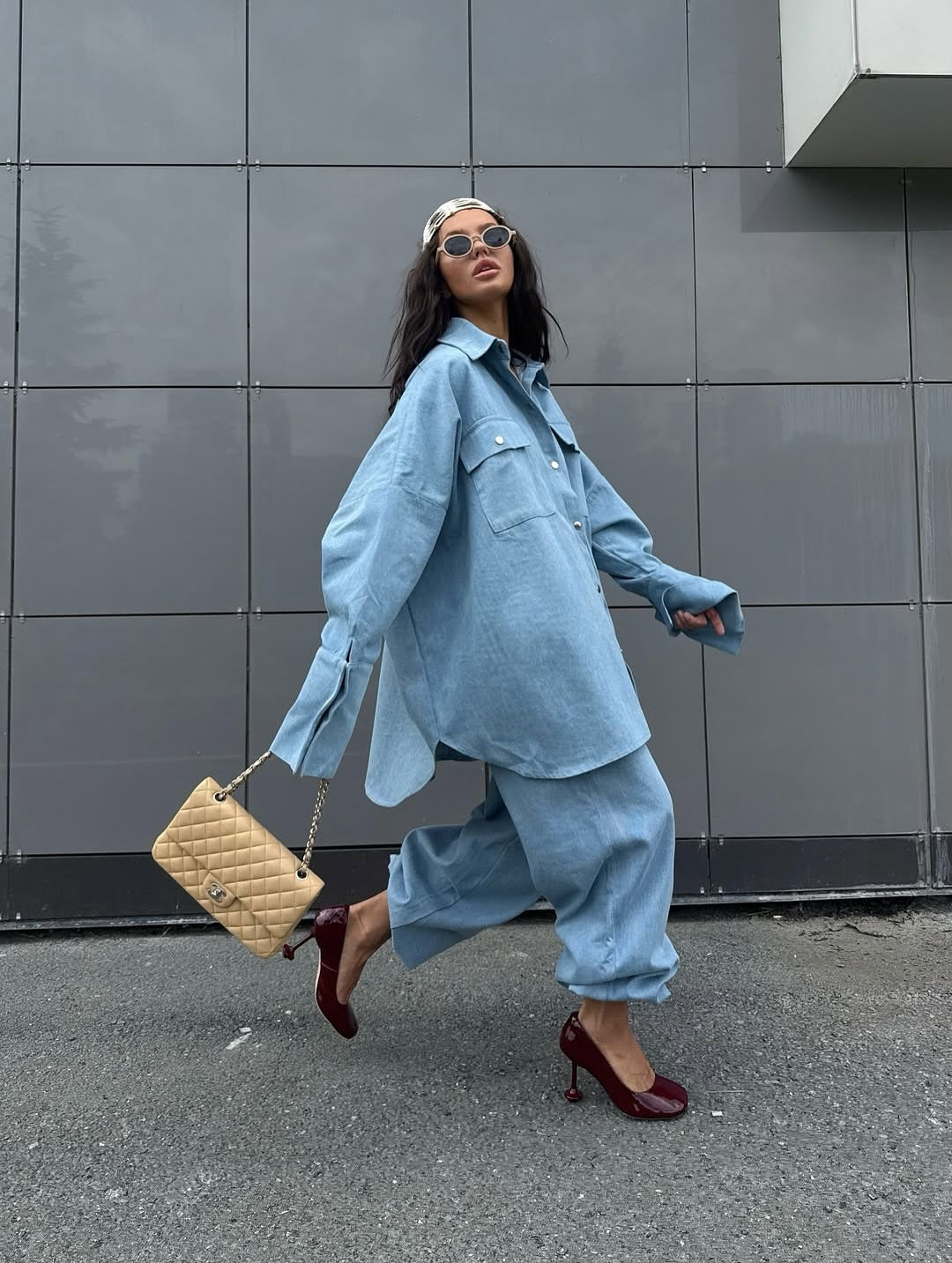 Oversized Denim Shirt Jacket & Wide-Leg Baggy Pants Set