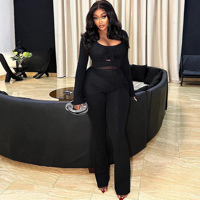 The Noir Social Mesh Tie-Front Pants Set