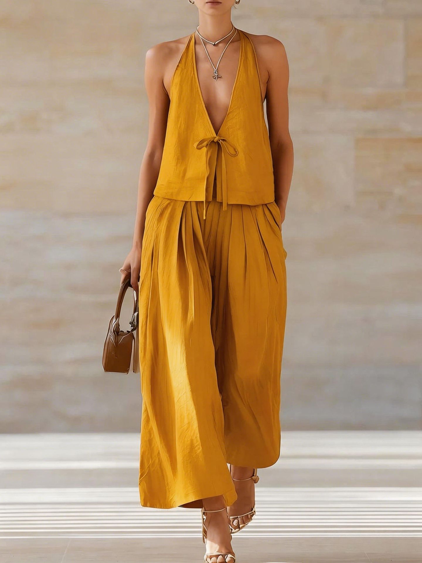 Lace-Up Halter Vest & Wide-Leg Pants Set | 2-Piece Deep V Sleeveless