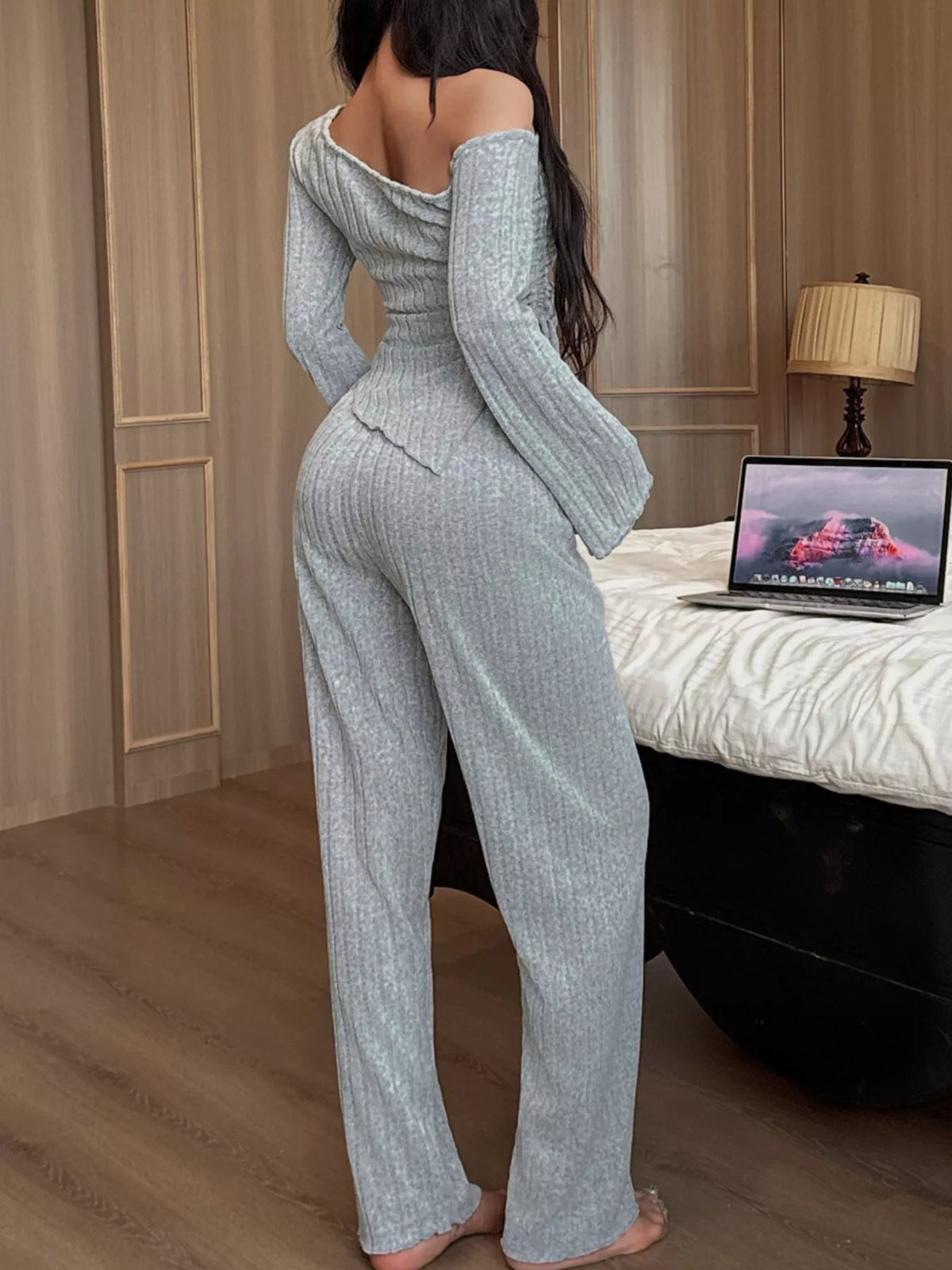 One-Shoulder Ribbed Knit Top and Pants Set