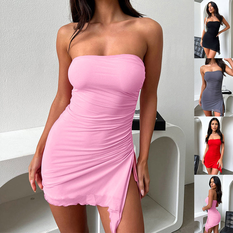 Strapless Ruched Mesh-Hem Backless Mini Dress