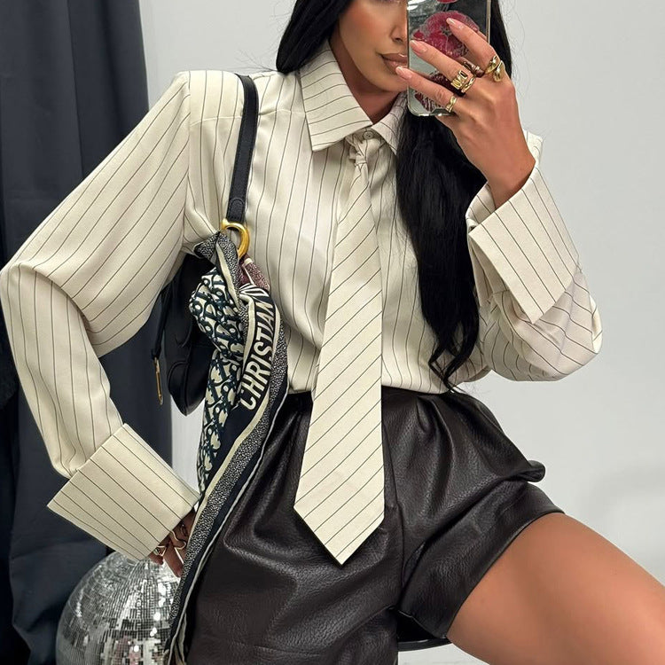 Pinstripe Tie-Neck Structured Shoulder Cropped Shirt