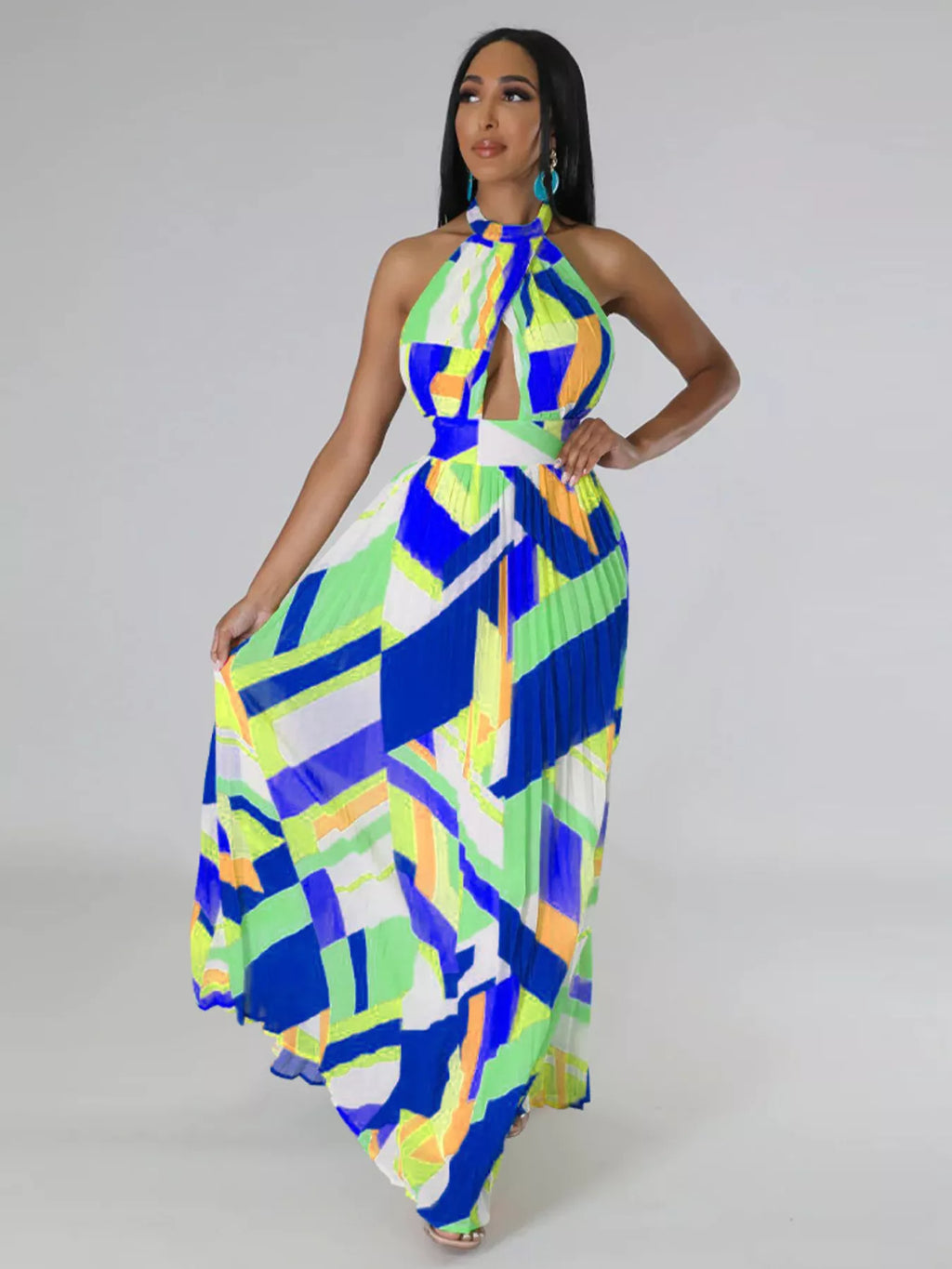 The Halter Geometric Pleated Maxi Dress