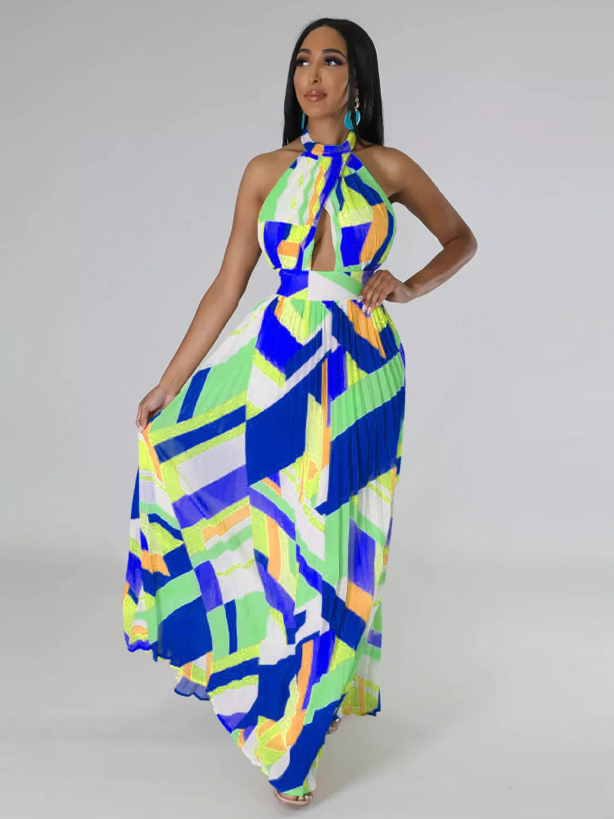 The Halter Geometric Pleated Maxi Dress