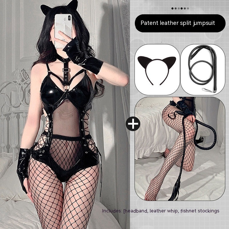 The Midnight Edge Patent-Look Lace-Up Lingerie Bodysuit