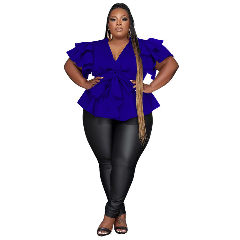 V-Neck Tiered Ruffle Sleeve Tie-Waist Peplum Blouse | Plus Size L–4XL