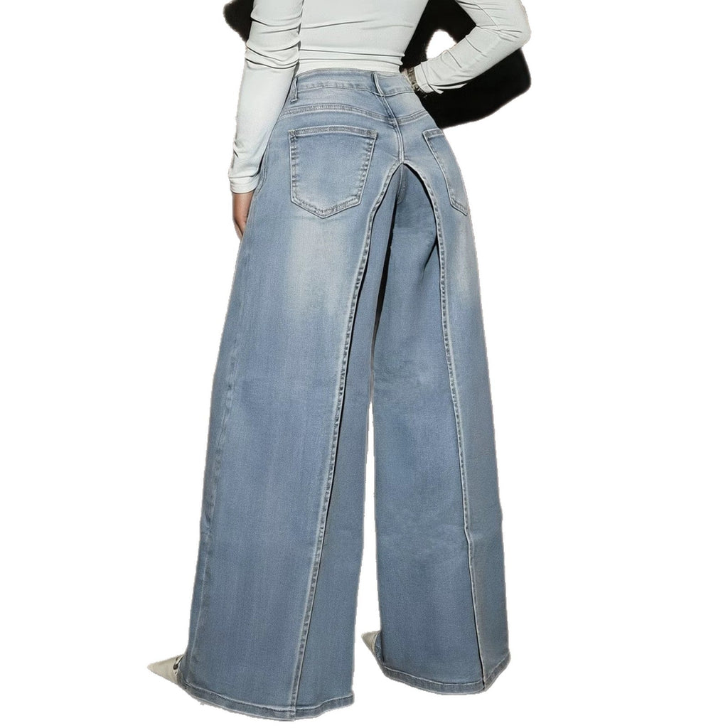 Double Layer Split Skirt-Over-Trouser High Waist Straight Leg Denim Jeans