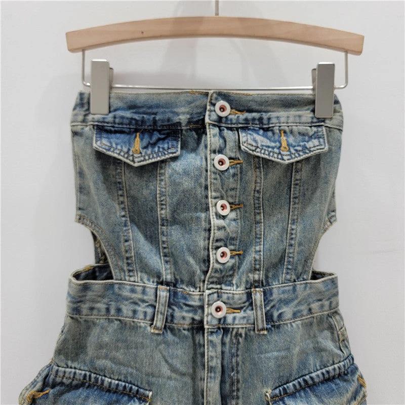 The Denim District Strapless Cutout Romper