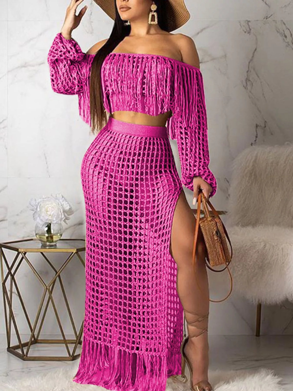 The Coastal Fringe Crochet Skirt Set