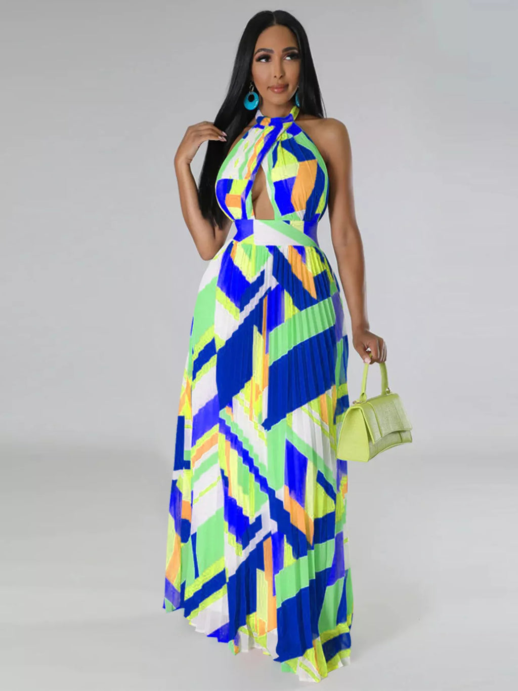 The Halter Geometric Pleated Maxi Dress