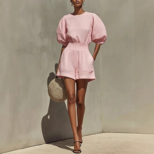 Balloon Puff Sleeve Top & High-Waist Shorts Set | Crew Neck 2-Piece
