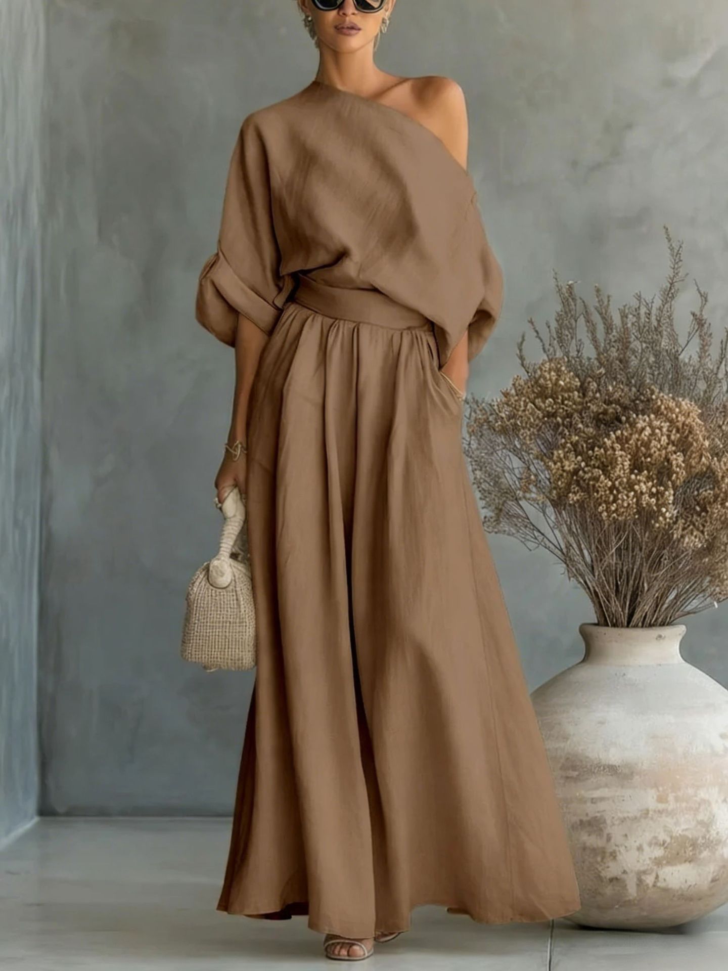 Cropped Off-Shoulder Top & Pants Two-Piece Set