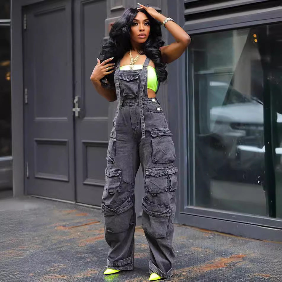 Denim Cargo Overall Jumpsuit | Wide-Leg Bib Multi-Pocket Loose Fit