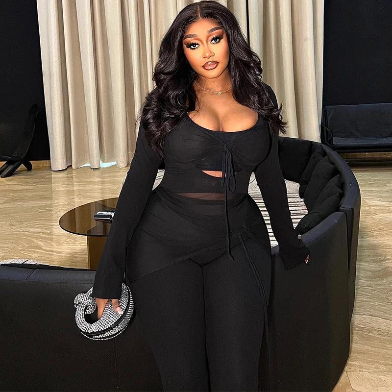 The Noir Social Mesh Tie-Front Pants Set