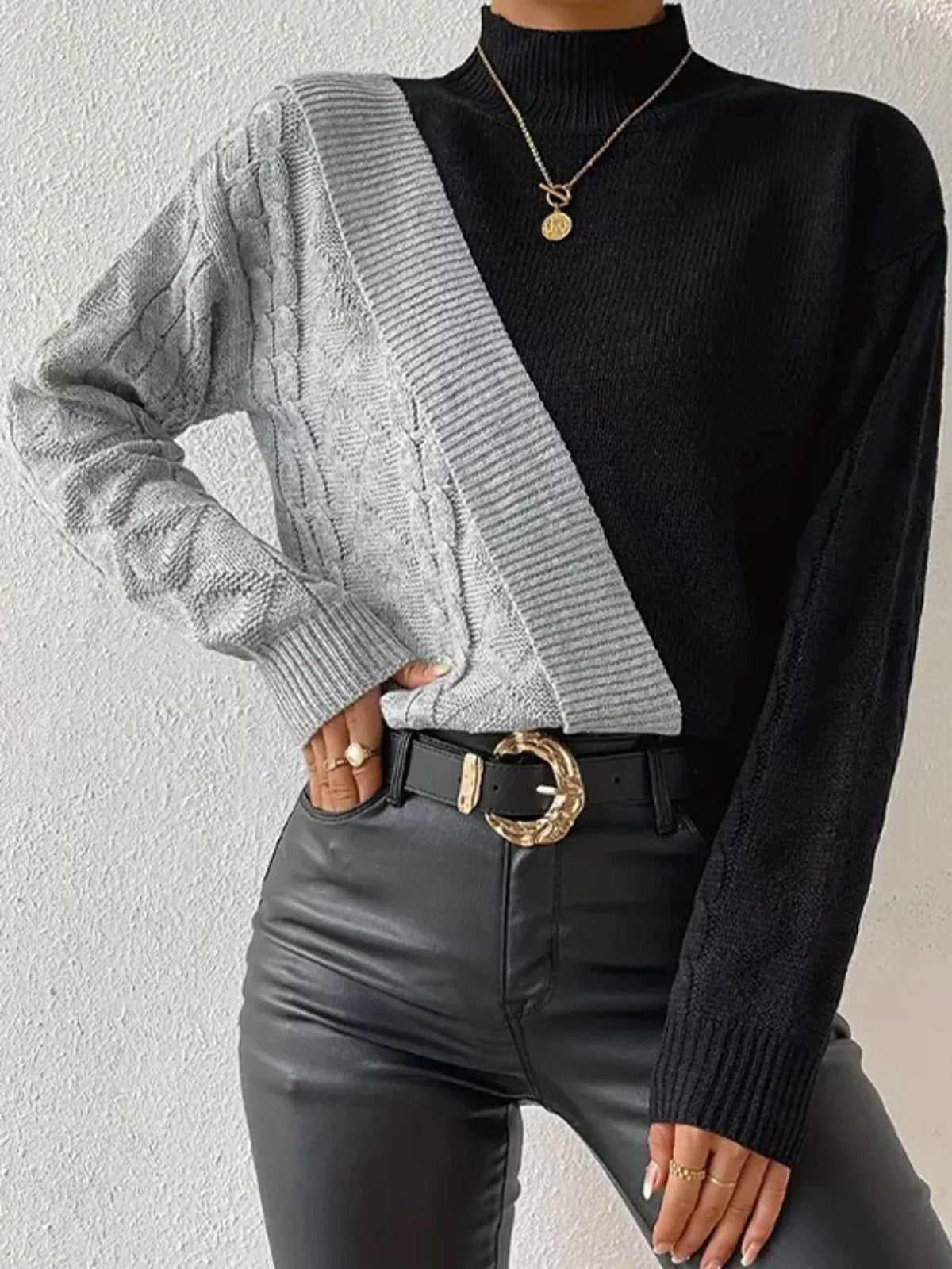 The Uptown Contrast Cable-Knit Mock Neck Sweater