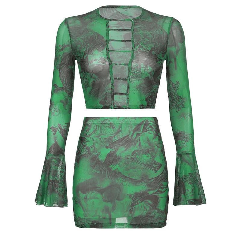 The Green Envy Cutout Top & Mini Skirt Set