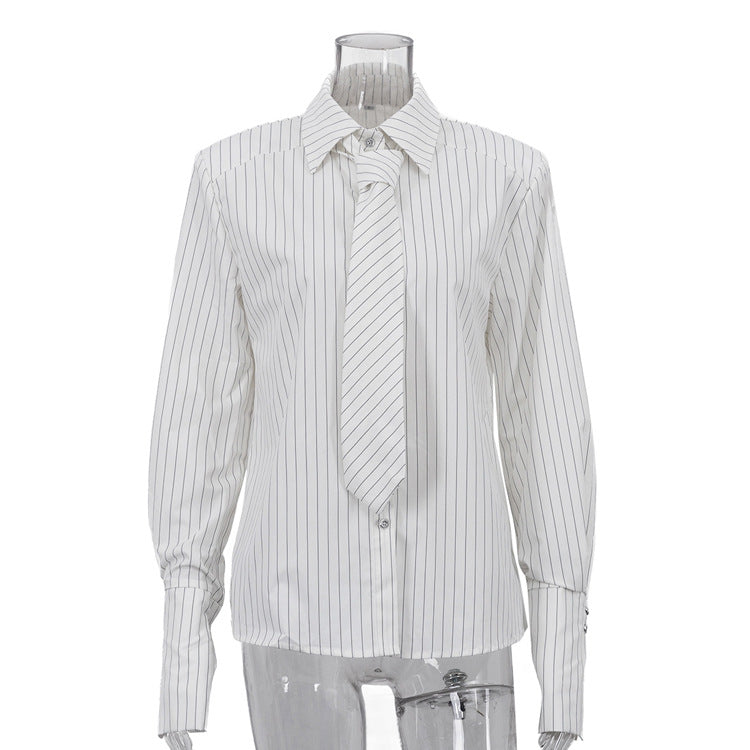 Pinstripe Tie-Neck Structured Shoulder Cropped Shirt