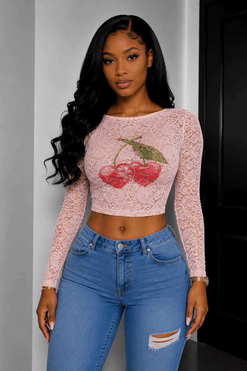 Cherry Kiss Sheer Lace Crop Top – Long Sleeve Graphic Mesh Top