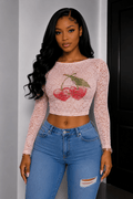Cherry Kiss Sheer Lace Crop Top – Long Sleeve Graphic Mesh Top