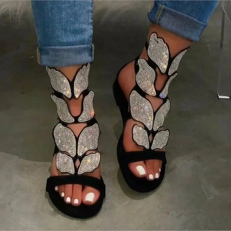 Crystal Butterfly Ankle-Strap Gladiator Sandals